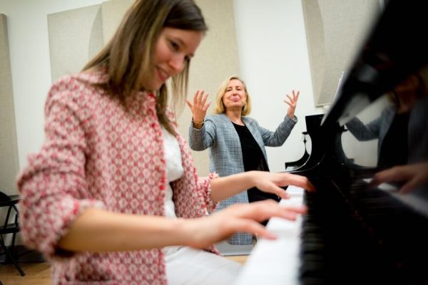 Pavlina Dokovska, professor at The New School, teaches piano lessons to Mannes students